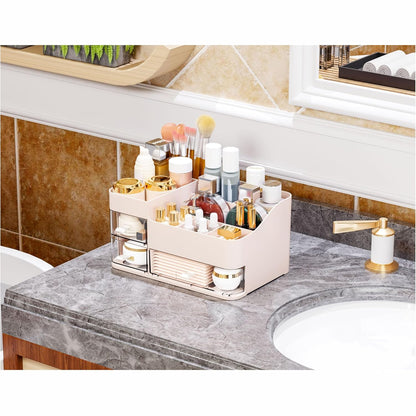 White Makeup Organizer With Drawers,Large Skincare Organizers for Countertop,Desk,Dresser,Plastic Bathroom Counter Organizer for Brush,Palettes,Perfume,Beauty Products Organization,Skin Care Storage