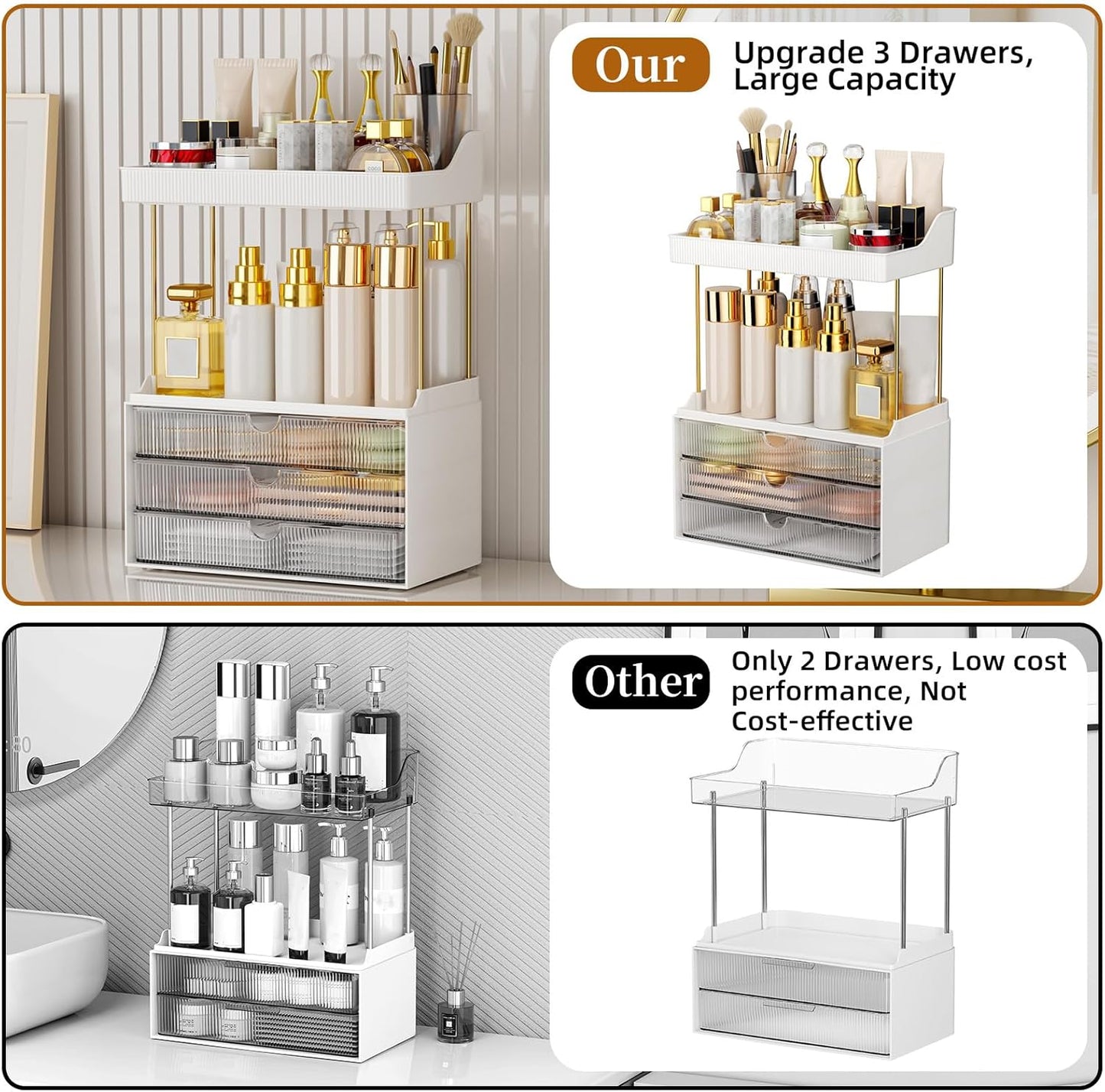 StorBin 3 Large Drawers Makeup Organizer - 5 Tier Bathroom Counter Organizers and Storage, Versatile Perfume Vanity Organizer, Ideal for Cosmetic, Large Skincare, Face Mask, Office Supplies, Amber