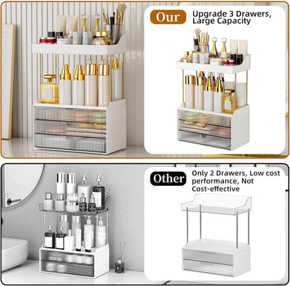 StorBin 3 Large Drawers Makeup Organizer - 5 Tier Bathroom Counter Organizers and Storage, Versatile Perfume Vanity Organizer, Ideal for Cosmetic, Large Skincare, Face Mask, Office Supplies, Amber