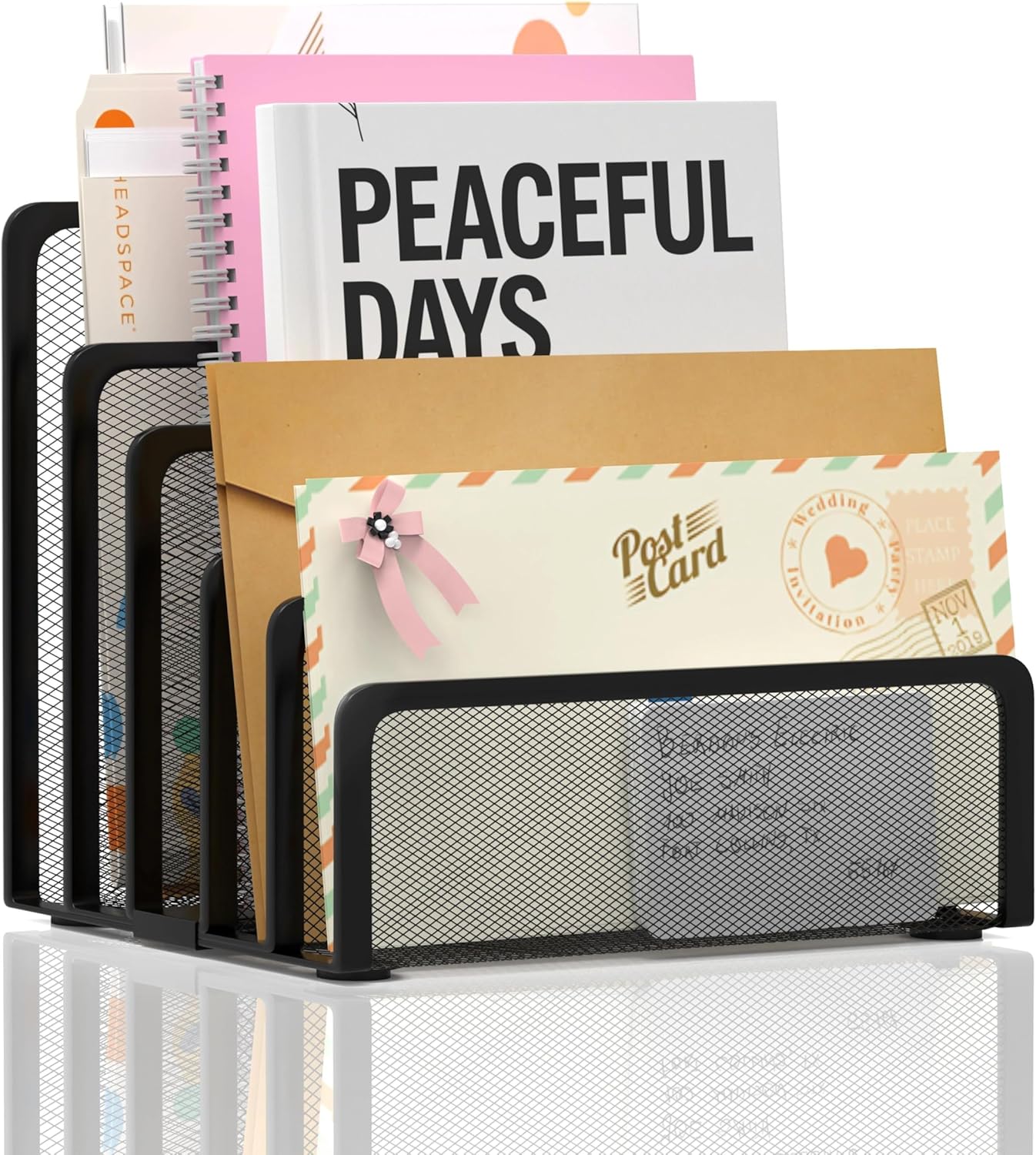 Mail Organizer Countertop with 5 Slot, Metal Mail Holder for Desk, File Holder Letter Sorter for Envelope, Bill and Document (Rose Gold)