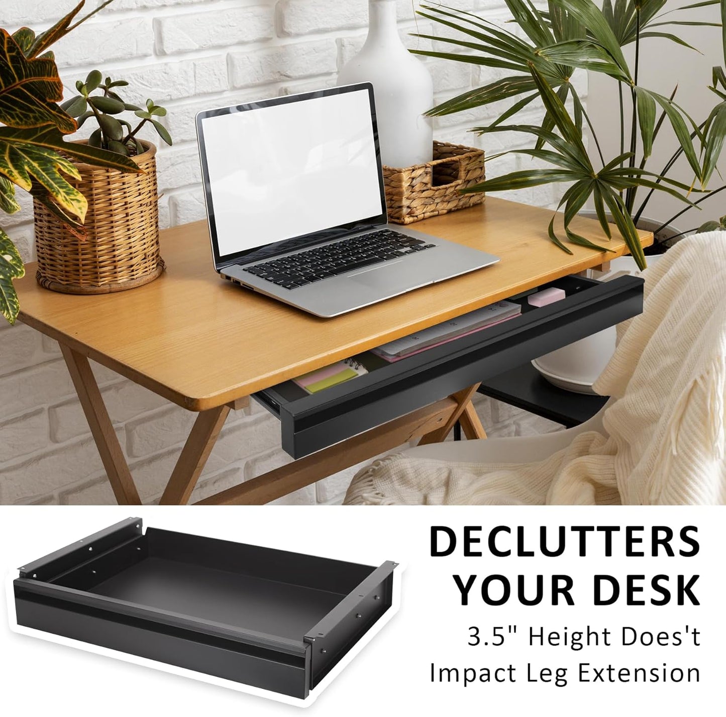 POPMOON 13.8 in Under Desk Drawer For Desk, Pull out Storage Organizer with Slide Extension Mounted Under Flat Wooden Table or Workbench, Carbon Steel Undermount Drawer,Black