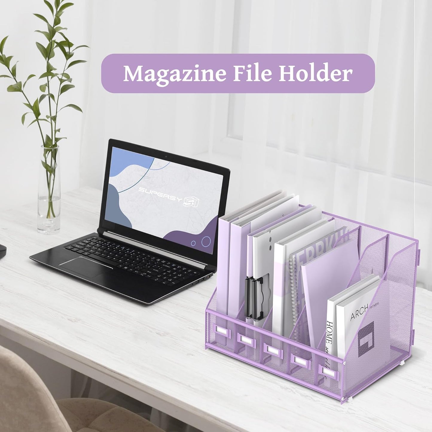 SUPEASY Desk Organizers Metal Desk Magazine File Holder with 5 Vertical Compartments Rack File Organizer for Office Desktop, Classroom, Home Workspace, Black