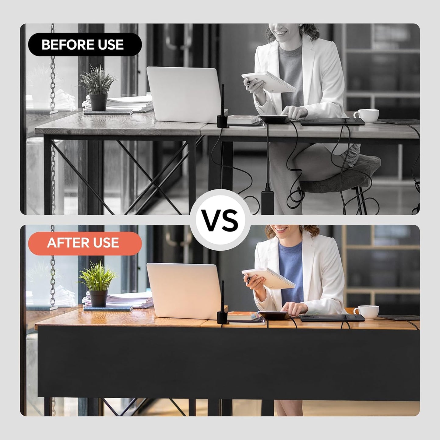 MABOZOO Under Desk Privacy Panel with Cable Management Net, Self Adhesive Desk Skirt with Cord Organizer for Home Office, Standing Desk, Wire Management Under Desk Accessories (Black)
