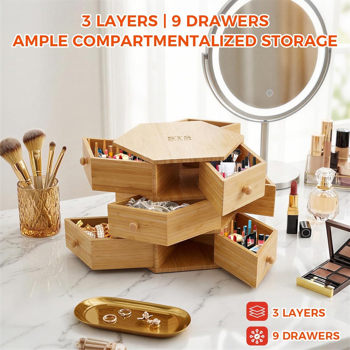 360° Rotatable Bamboo Desktop Organizer, Large Capacity Cosmetic & Jewelry Storage for Makeup Serum, Diamond, Easy Setup No Assembly (4-Tier 12-Drawers)
