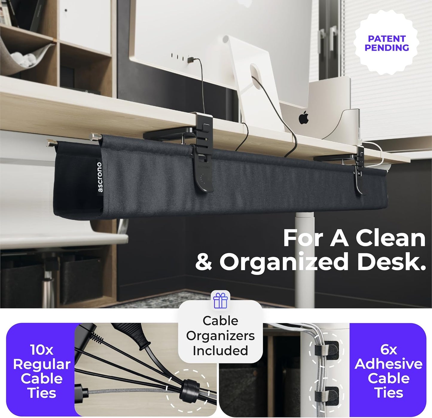 Ascrono Original No Drill Under Desk Cable Management Tray 27.3" - Premium White Fabric Cable Management Under Desk - Clamp/Screw Mount Cord Organizer - Supports Upto 66lbs