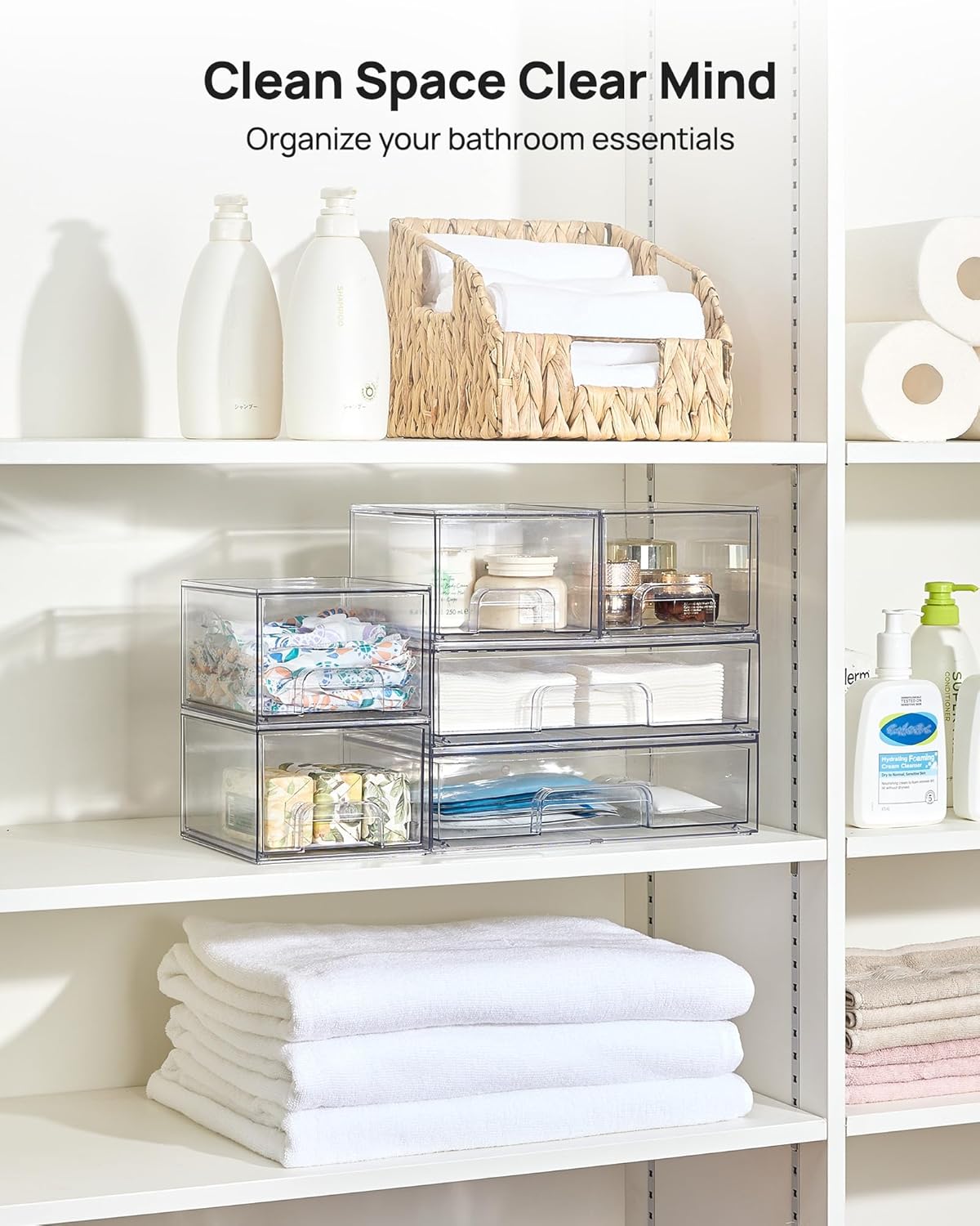 Vtopmart Stackable Storage Drawers Set of 4, Clear Plastic Organizer Bins for Bathroom Supplies,Ideal for Cabinet,Pantry,Laundry Room Organization