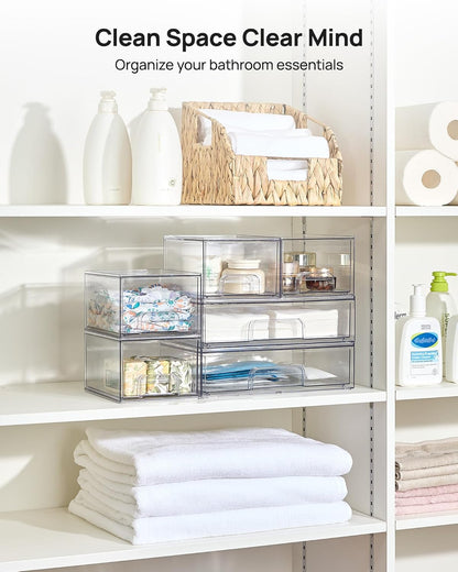 Vtopmart Stackable Storage Drawers Set of 4, Clear Plastic Organizer Bins for Bathroom Supplies,Ideal for Cabinet,Pantry,Laundry Room Organization