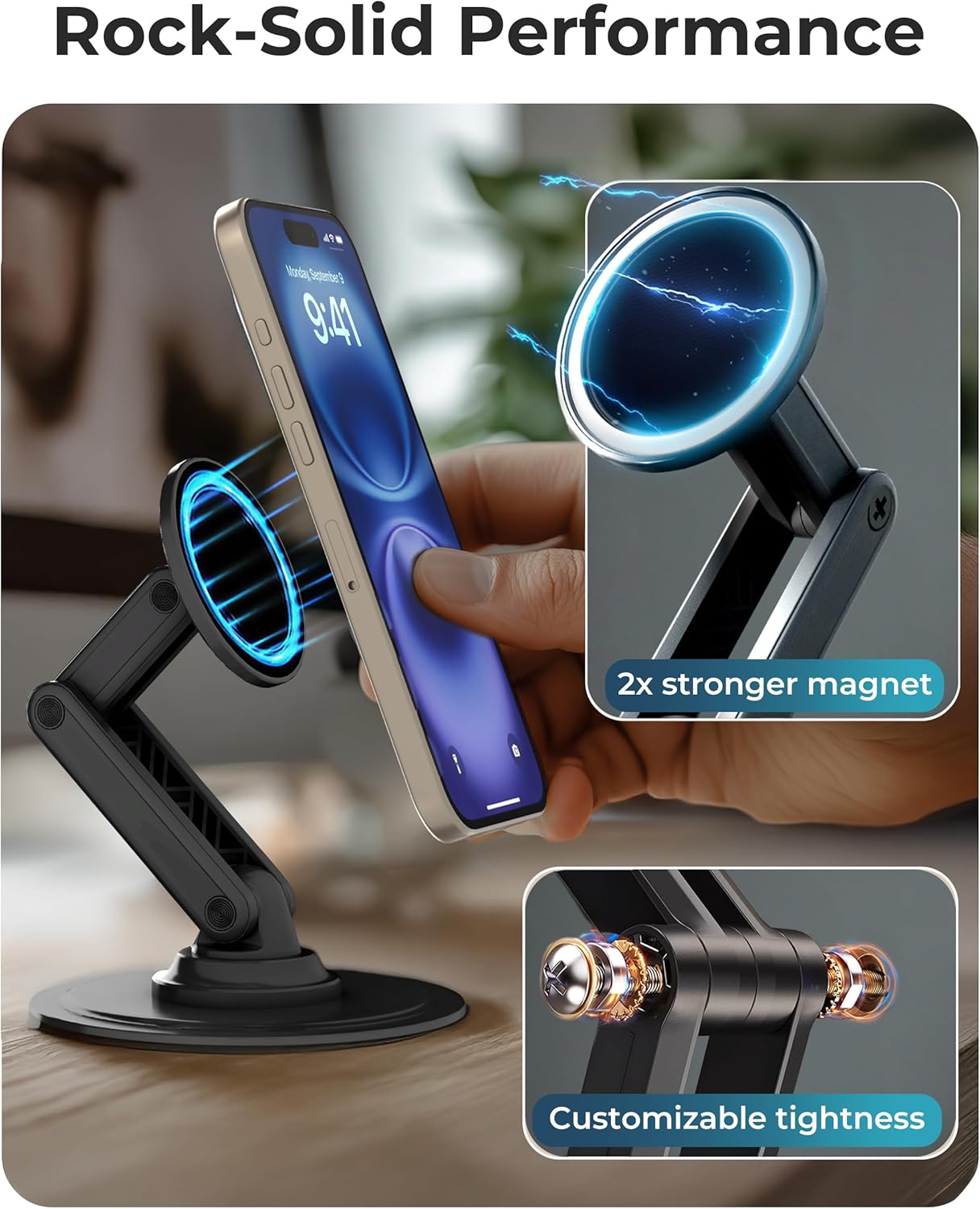 COOPER Mag360, Desktop MagSafe Stand for iPhone 17 Pro Max (16/15/14/13/12), Magnetic Phone Holder for Desk, 360° Rotating, Height Adjustable, Magnetic Phone Stand for Desk, with Metal Ring (Black)