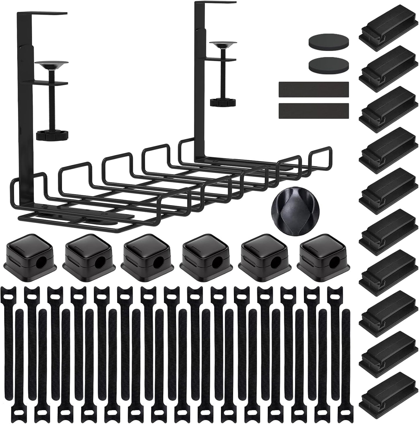 Under Desk Cable Management Tray, No Drill Steel Cord Organizer Kit with 52Pcs Different Essential Accessories for Home Office Standing Desk (13.4inch, Black)