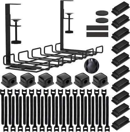Under Desk Cable Management Tray, No Drill Steel Cord Organizer Kit with 52Pcs Different Essential Accessories for Home Office Standing Desk (13.4inch, Black)