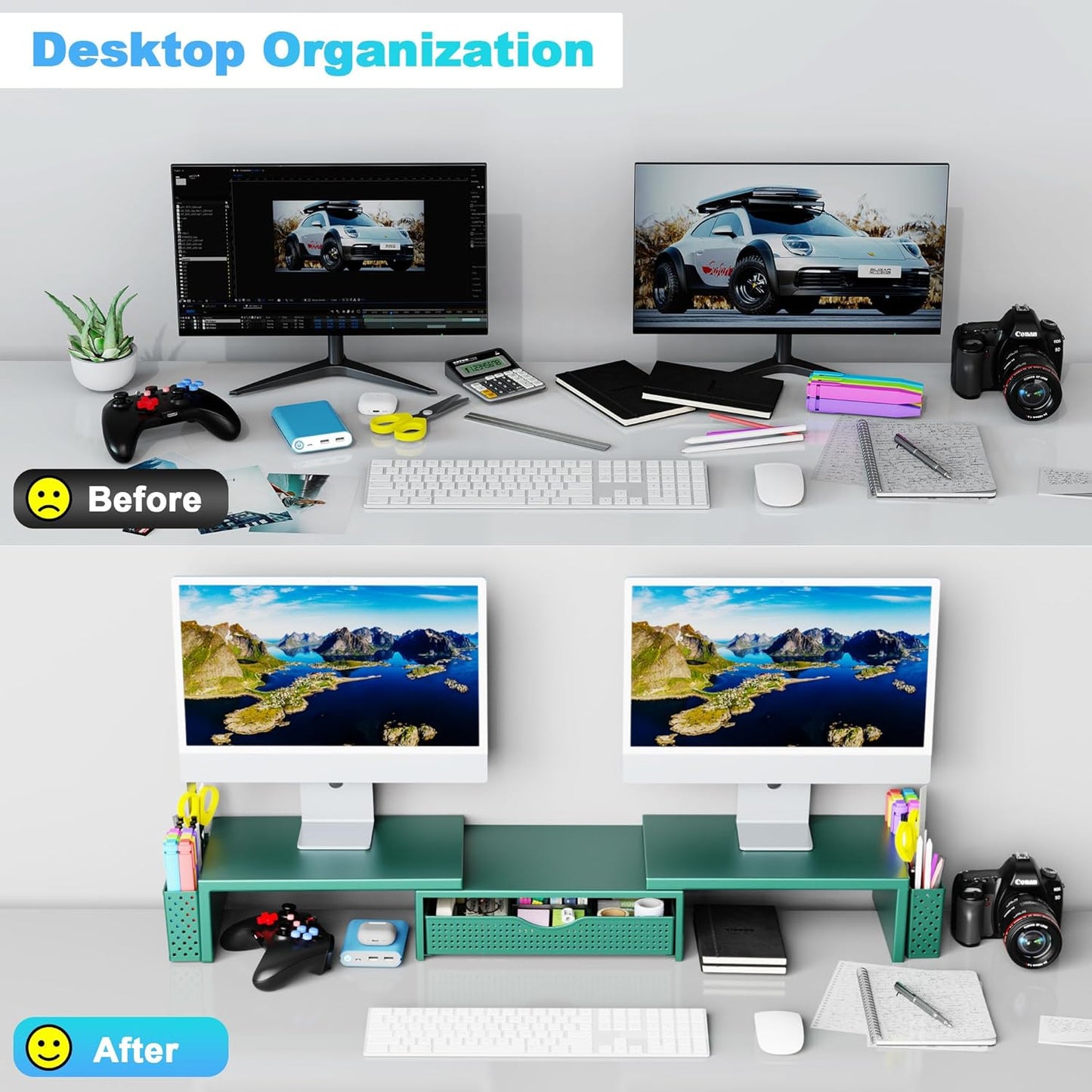 Spacrea Metal Desk Organizers and Accessories, Dual Monitor Stand Riser with Drawer and 2 Pen Holders, Book Racks, Desk Accessories & Workspace Desktop Organizers for Office Supplies (Black)