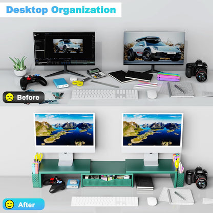 Spacrea Metal Desk Organizers and Accessories, Dual Monitor Stand Riser with Drawer and 2 Pen Holders, Book Racks, Desk Accessories & Workspace Desktop Organizers for Office Supplies (Black)
