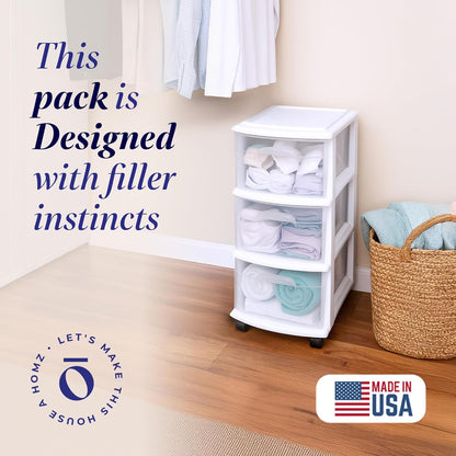 HOMZ Drawer Tower, 3-Tier Rolling Storage Cart with Removable Wheels, White Frame – Plastic Organizer with Clear Bin Drawers for Bedroom, Bathroom, Home Office, and Dorm Room
