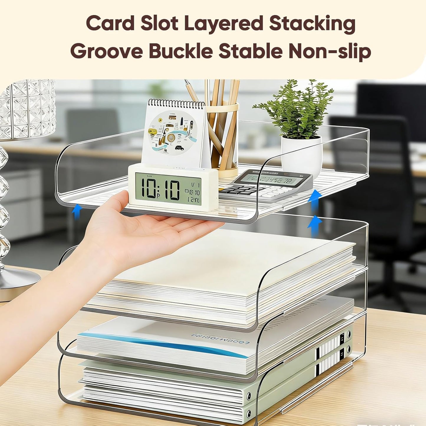 HIYOHIYO Office Acrylic Clear A4 Paper Organizer for Desk, Stackable Office Desk Paper Organizer, Large Capacity Desktop Papers Tray Holder, Organizer for A4 File Folder, 4 Tier Vertical Style