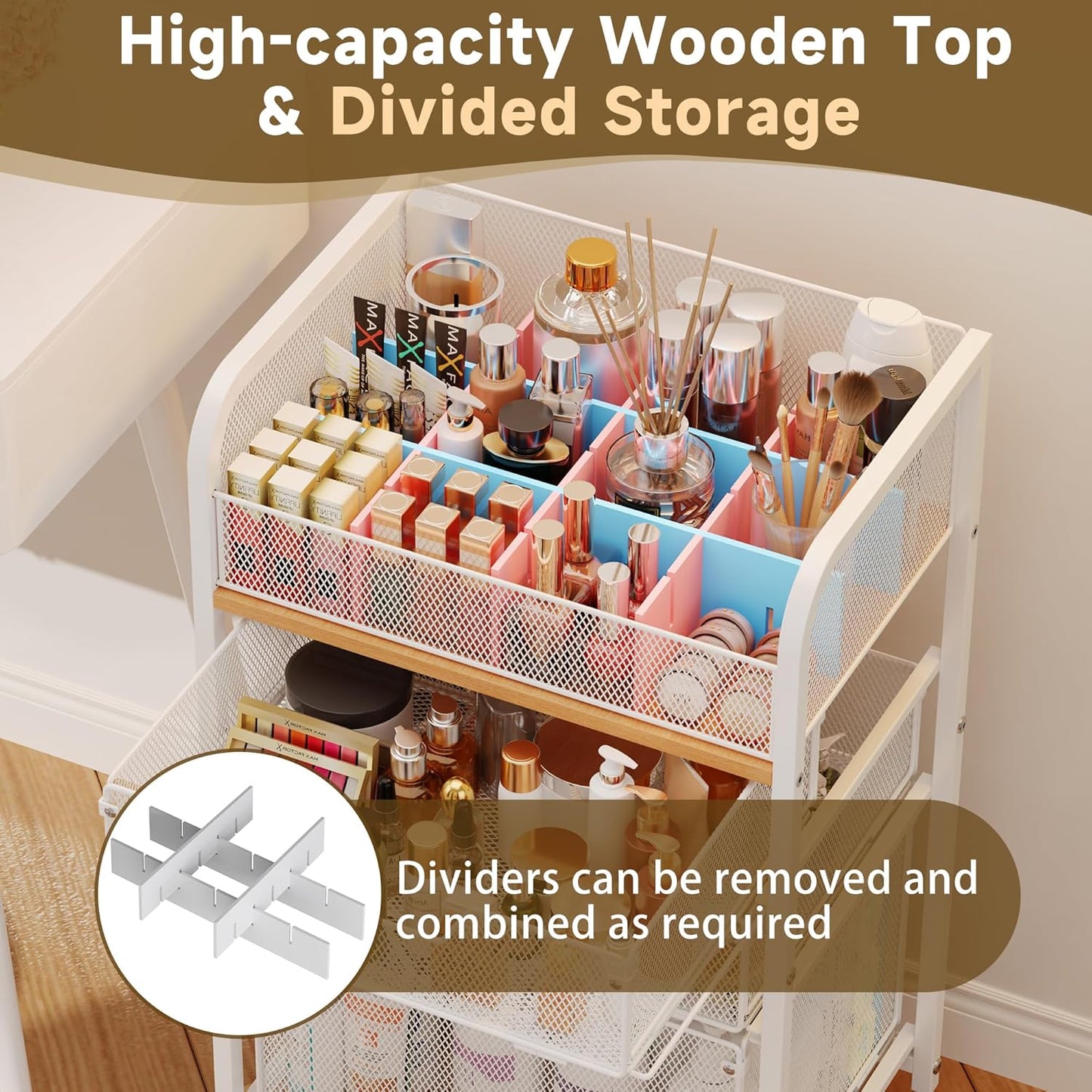 Rolling Makeup Cart Organizer with 3 Drawers, 4-Tier Narrow Floor Skincare Organizers with dividers, Vanity Organizer Cosmetics Display Cases for Makeup Brush, Hair Tool, White