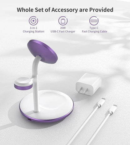 XooFly 3 in 1 Wireless Charging Station for Apple Devices, Fast Wireless Mag-Safe Charger Stand with 20W Adapter for iPhone 17 16 15 14 13 12 Pro Max/Air/Plus/Pro,iWatch,AirPods-Gift for Wife&Husband
