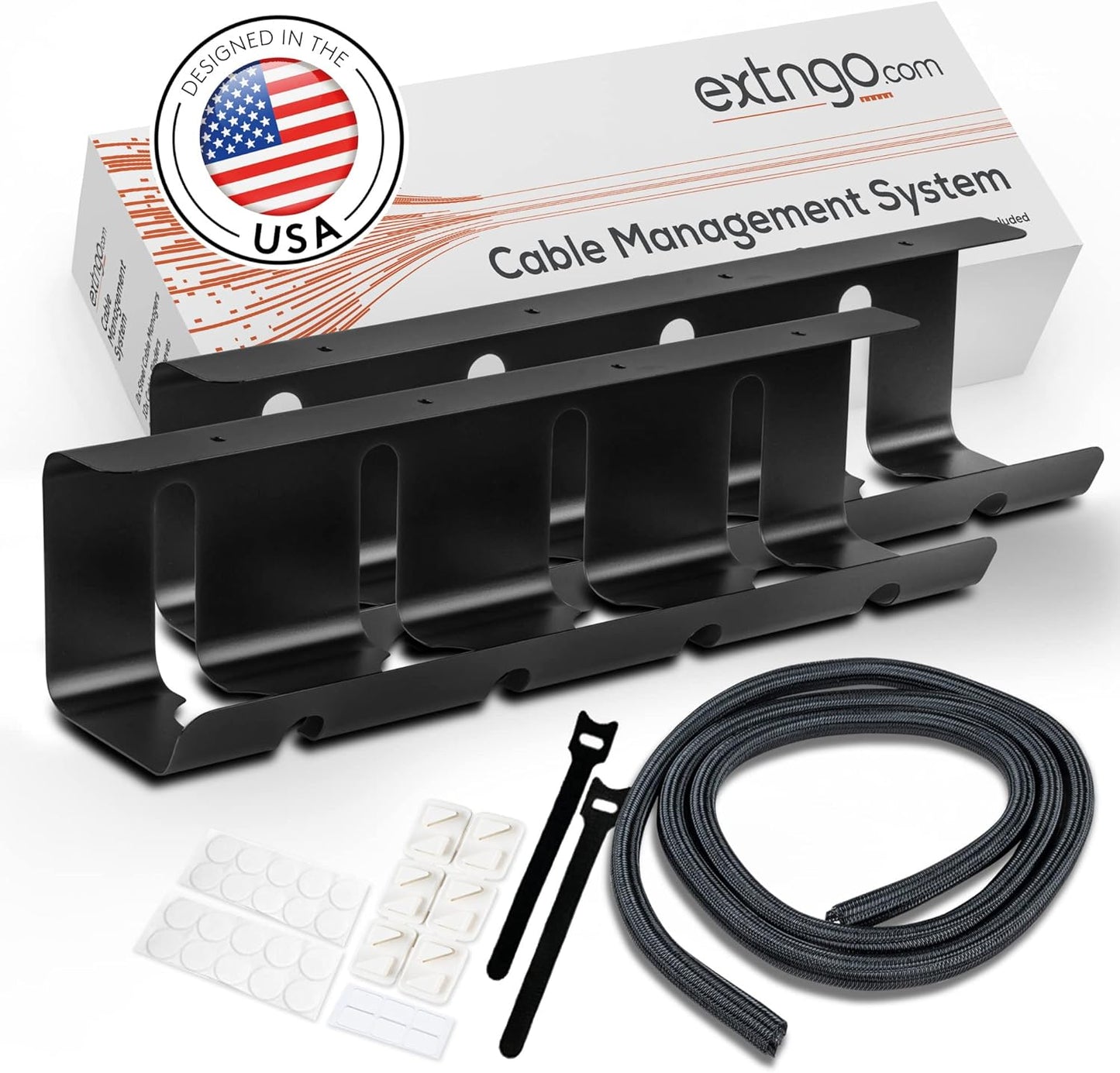 Under Desk Cable Management Tray [2 Pieces] - Carbon Steel Desk Wire Organizer [16x4x4 in] - No Drilling Wire Management Under Desk with Glue Dots - Elegant Underdesk Tray