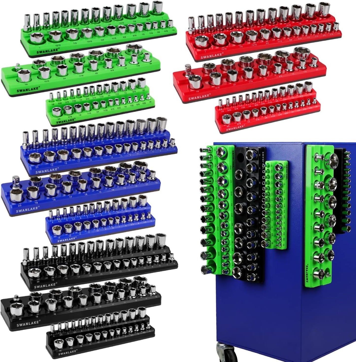 Magnetic Socket Organizer Set, 6PCS Socket Holder, 1/4", 3/8", 1/2" Sockets Holds 143 Pieces Magnetic Sockets Trays (Blue&red, 6 Pcs)