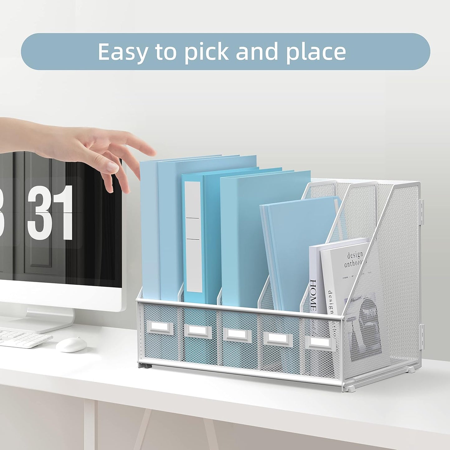 SUPEASY Desk Organizers Metal Desk Magazine File Holder with 5 Vertical Compartments Rack File Organizer for Office Desktop, Classroom, Home Workspace, Black