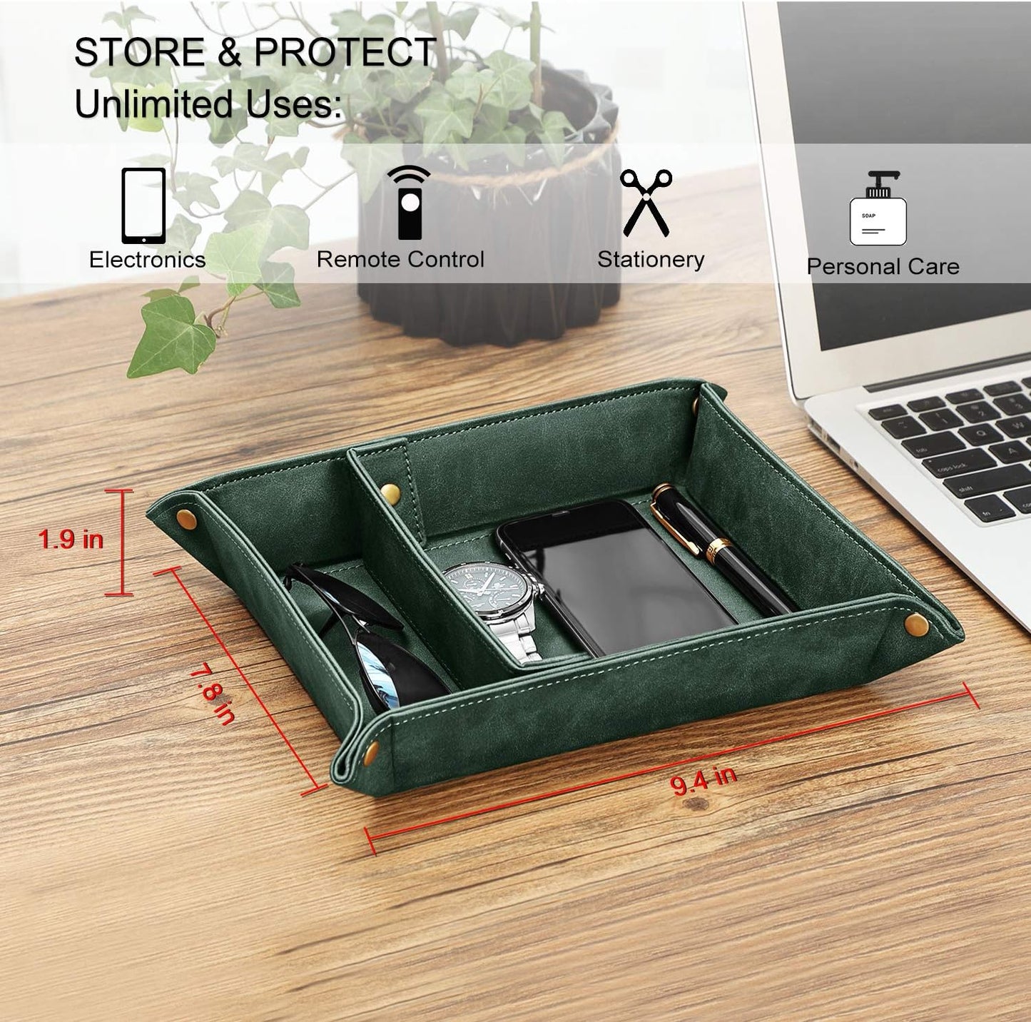 SITHON Valet Tray Desktop Storage Organizer, Removable 2 Compartments Catchall Tray Bedside Vanity Nightstand Caddy Holder Desk Storage Plate, Valentine's Day Gift, Brown