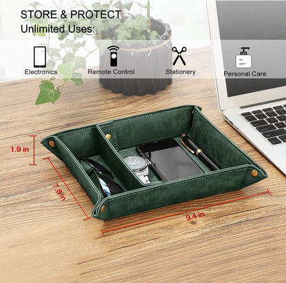SITHON Valet Tray Desktop Storage Organizer, Removable 2 Compartments Catchall Tray Bedside Vanity Nightstand Caddy Holder Desk Storage Plate, Valentine's Day Gift, Brown