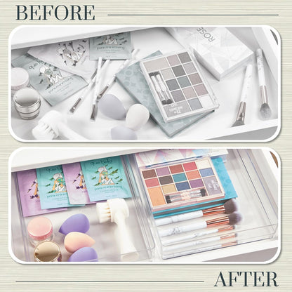 STORi SimpleSort 3-Piece Stackable Clear Drawer Organizer Set | 9" x 6" x 2" Rectangle Trays | Wide Makeup Vanity Storage Bins and Office Desk Drawer Dividers | Made in USA