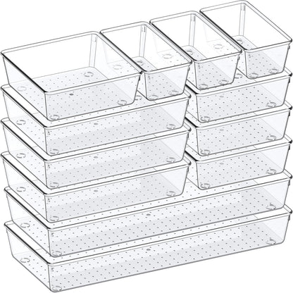 12 Pack Large Clear Plastic Drawer Organizer Set, Acrylic Bathroom Organizer Vanity Trays Dividers, Kitchen Organizers and Storage, Non-Slip Storage Bins for Makeup, Snacks, Office, Desk, Fridge