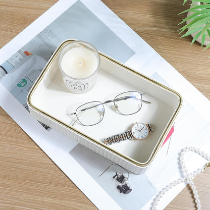 Desk Organizer Tray, PU Leather Nightstand Organizer Perfume Valet Tray for Men Women, Decorative Vanity Trays Trinket Dish Key Bowl for Entryway Table (2pcs, Ivory, Large+Small)