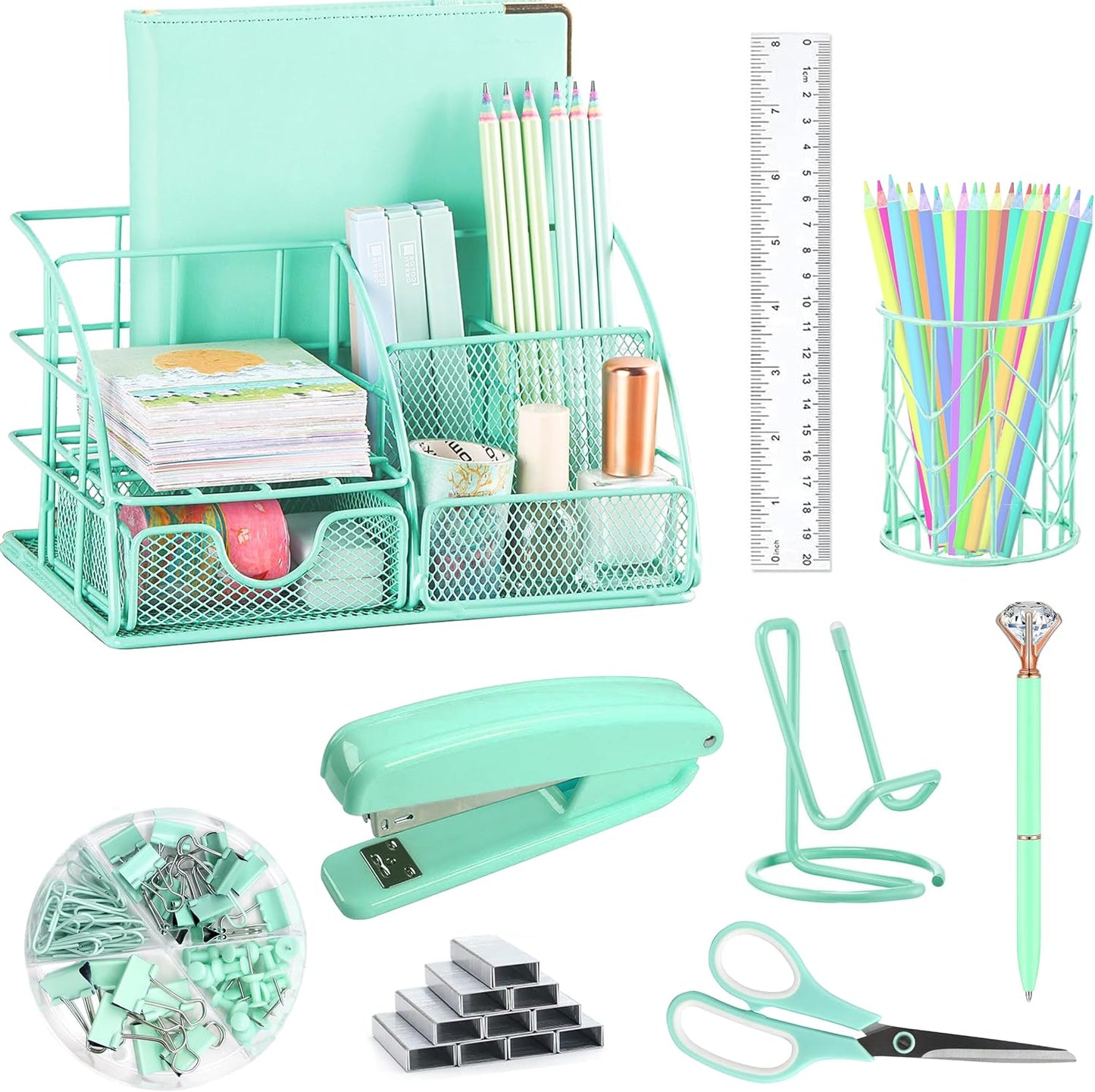 KAAKOW Gold Desk Organizers and Accessories Office Supplies Set Stapler, Pen Holder, Phone Holder, Scissors, Pen, Ruler, 30 Paper Clips, 22 Binder Clip, 20 Tacks and 1000pcs Staples (Gold)