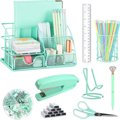 KAAKOW Gold Desk Organizers and Accessories Office Supplies Set Stapler, Pen Holder, Phone Holder, Scissors, Pen, Ruler, 30 Paper Clips, 22 Binder Clip, 20 Tacks and 1000pcs Staples (Gold)
