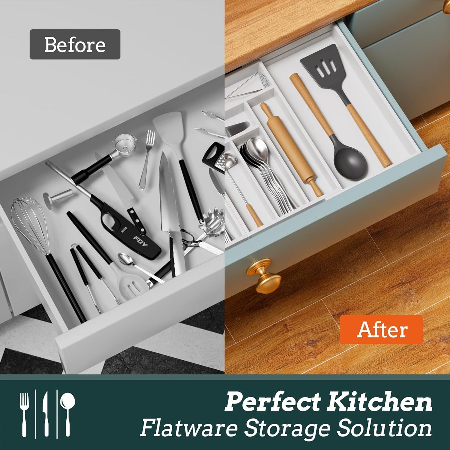 Silverware Organizer Large, Magnetic Connected Expandable 13 Slots Silverware Drawer Organizer From 21 to 37.4 Inches, Adjustable Flatware and Cutlery Holder, Bamboo Utensil Tray for Kitchen Natural