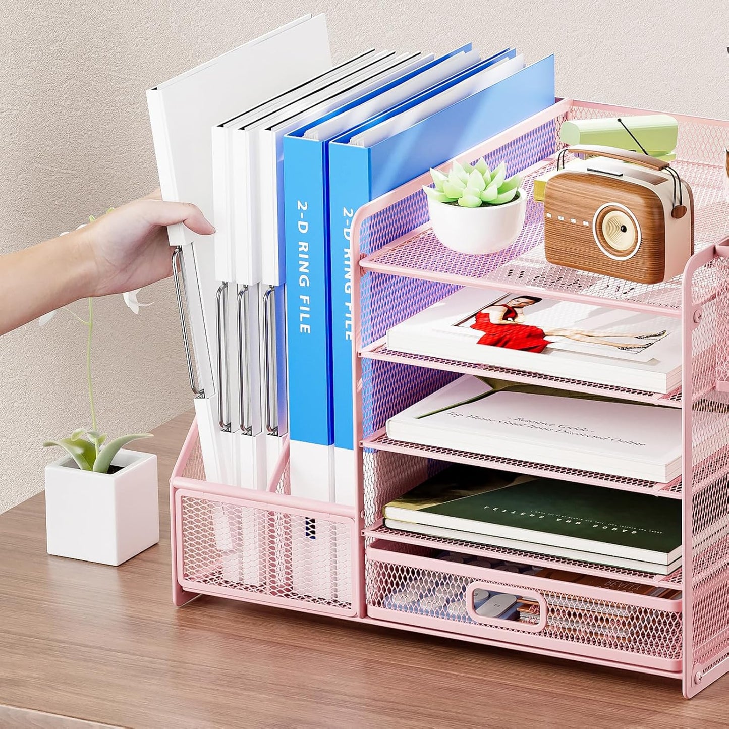 Marbrasse Desk Organizer with File Holder, 5-Tier Paper Letter Tray Organizer with Drawer and 2 Pen Holder, Mesh Desktop Organizer and Storage with Magazine Holder for Office Supplies(Black)