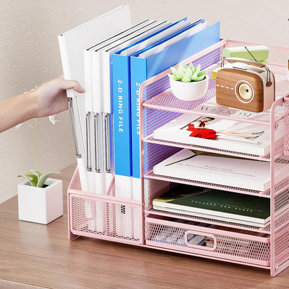 Marbrasse Desk Organizer with File Holder, 5-Tier Paper Letter Tray Organizer with Drawer and 2 Pen Holder, Mesh Desktop Organizer and Storage with Magazine Holder for Office Supplies(Black)