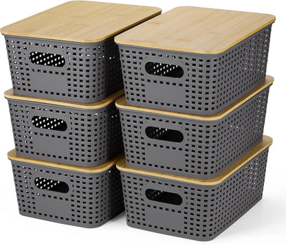 Ohmlove Plastic Storage Baskets With Bamboo Lid - Plastic Storage Containers Stackable Storage bins: Storage Baskets for Organizing Shelves Drawers Desktop Closet Playroom Classroom Office, 6 Pack