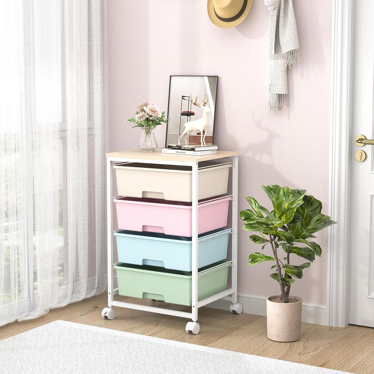 SYKIARIOL Utility Cart with 4 Drawers, Multipurpose Rolling Storage Cart with 4 Drawers and 2 Lockable Wheels, 4-Tier Rolling Storage Cart Organizer for Home Office Dorm, Bright White