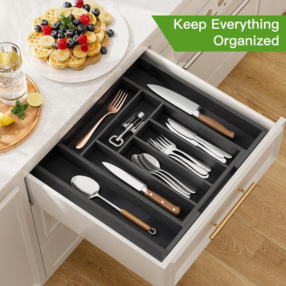 Pipishell Bamboo Expandable Silverware Drawer Organizer, Adjustable Kitchen Utensil Tray for Forks, Spoons and Knives, Wood Storage Cutlery Holder for Bedroom and Living Room