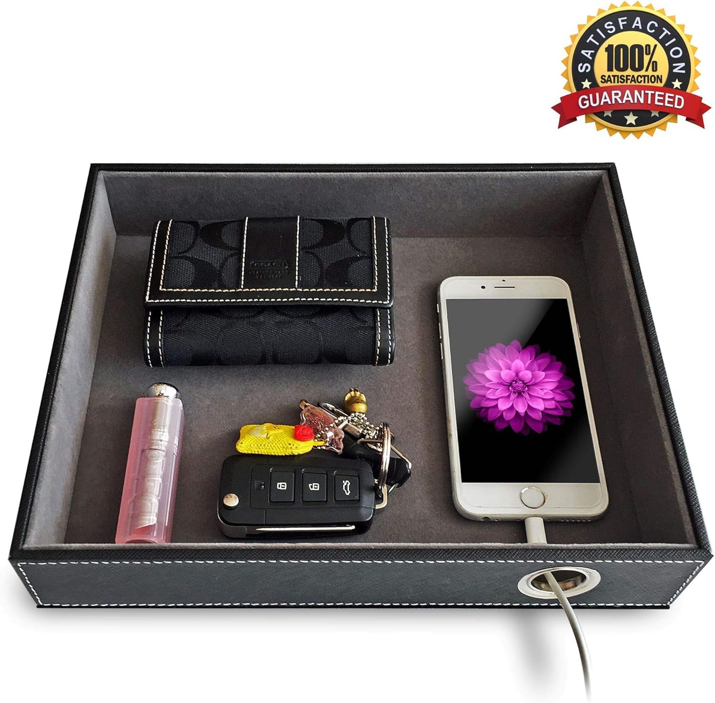 Valet Tray with Charging Station - PU Leather Nightstand Organizer for Men and Women, Desk Catchall Tray for Keys, Jewelry