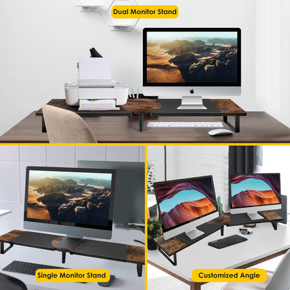Across-Star Dual-Monitor-Stand-Riser-For-Desk Adjustable Length 32-40 Inch，Large Desktop Computer Monitor Riser For 2 Screens，Desk Shelf Organizer Riser Stand For Computer/Laptop/PC/Printer/TV Black