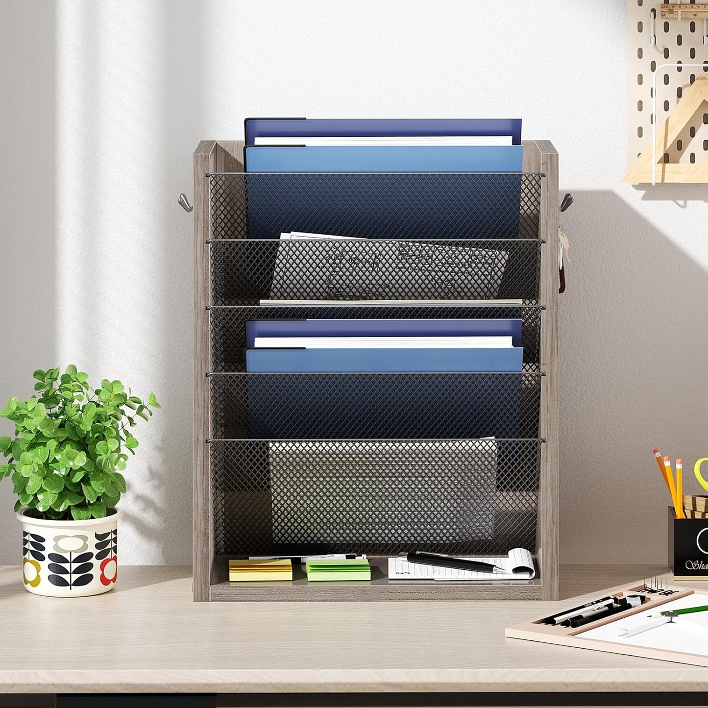 Creso hom Mail Organizer Wall Mounted, 6-Tier Wall File Organizer with 2 Hooks, Wooden Desk Organizer Magazine Holder with Bottom Flat Tray, for Office Home, Rustic Brown