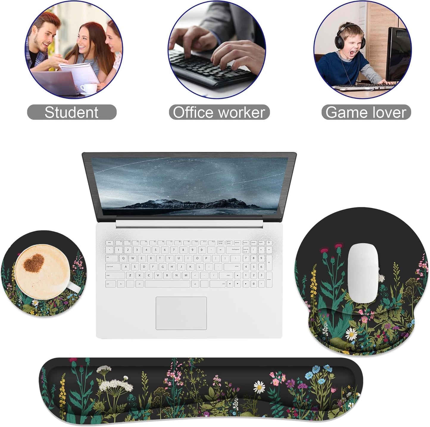 Ergonomic Mouse Pad with Wrist Rest and Keyboard Wrist Rest, Memory Foam Wrist Rest for Computer Keyboard, Easy Typing, Pain Relief, Mouse Pad Wrist Support for Gaming,Office, Laptop, Black Flower