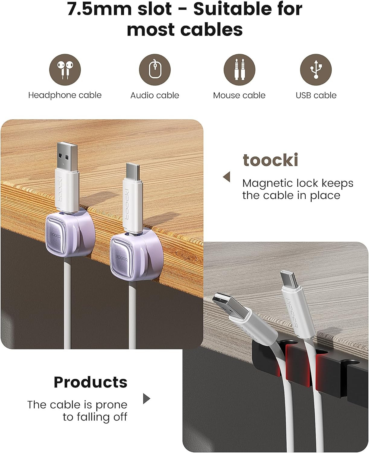 6 Pack Magnetic Cable Clips – Cord Organizer & Holder, Toocki Adhesive Cable Management, Wire Holder for USB Charging Cables, Ideal for Home, Office, Car, Desk, and Nightstand-Purple