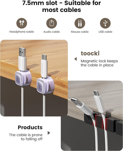 6 Pack Magnetic Cable Clips – Cord Organizer & Holder, Toocki Adhesive Cable Management, Wire Holder for USB Charging Cables, Ideal for Home, Office, Car, Desk, and Nightstand-Purple