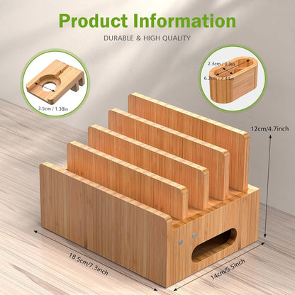 Pezin & Hulin Bamboo Charging Station for Multiple Devices with 5 Port USB Charger, 5 Cables, Watch&Earbuds Stand, Electronic Device Desktop Organizer for Cellphone, Tablet, Watch, Earbuds
