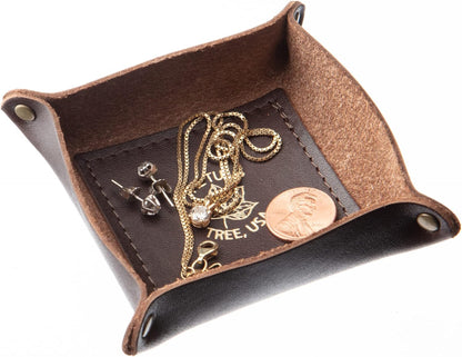 USA Handmade Premium Leather Valet Tray, Folds Flat! Dice Rolling Basket and Organizer with Brass Snaps - Reinforced Base - for Keys, Jewelry, Coin, EDC, Watch Storage Caddy - Black XLarge