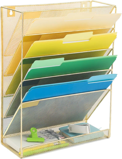 EASEPRES Desk File Organizer Mesh 6-Tier, Hanging Wall Mount Document Organization Stand, Desktop Vertical Mail Paper Folder Holder Rack with Bottom Tray for Office Home Cubicle Countertop, Black