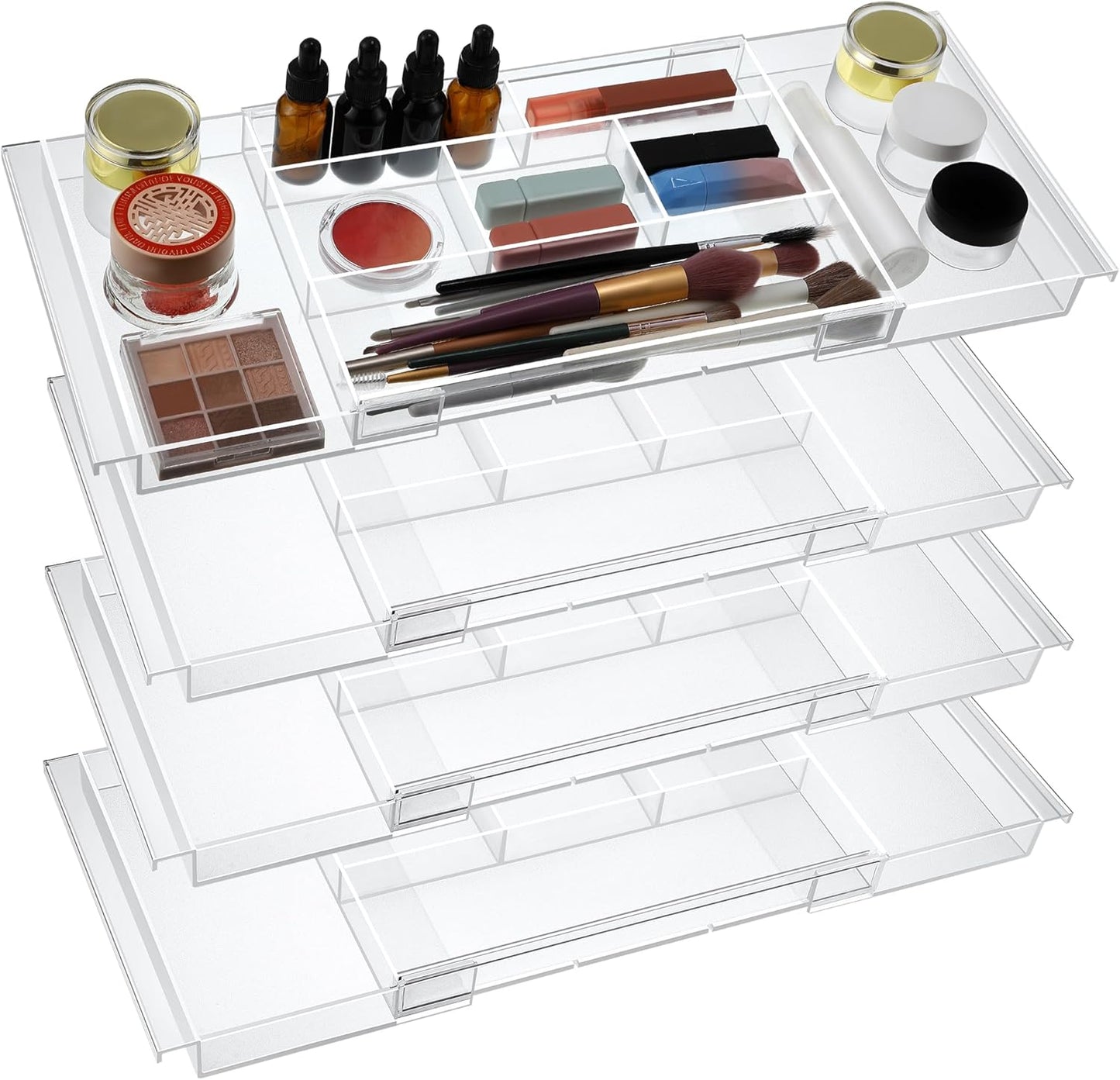 2pack Shallow Expandable Drawer Organizer, Adjustable 12.5”–20” Clear Plastic Drawer Organizer Tray for Vanity Bathroom Desk Kitchen Drawers, Multi Compartment Storage