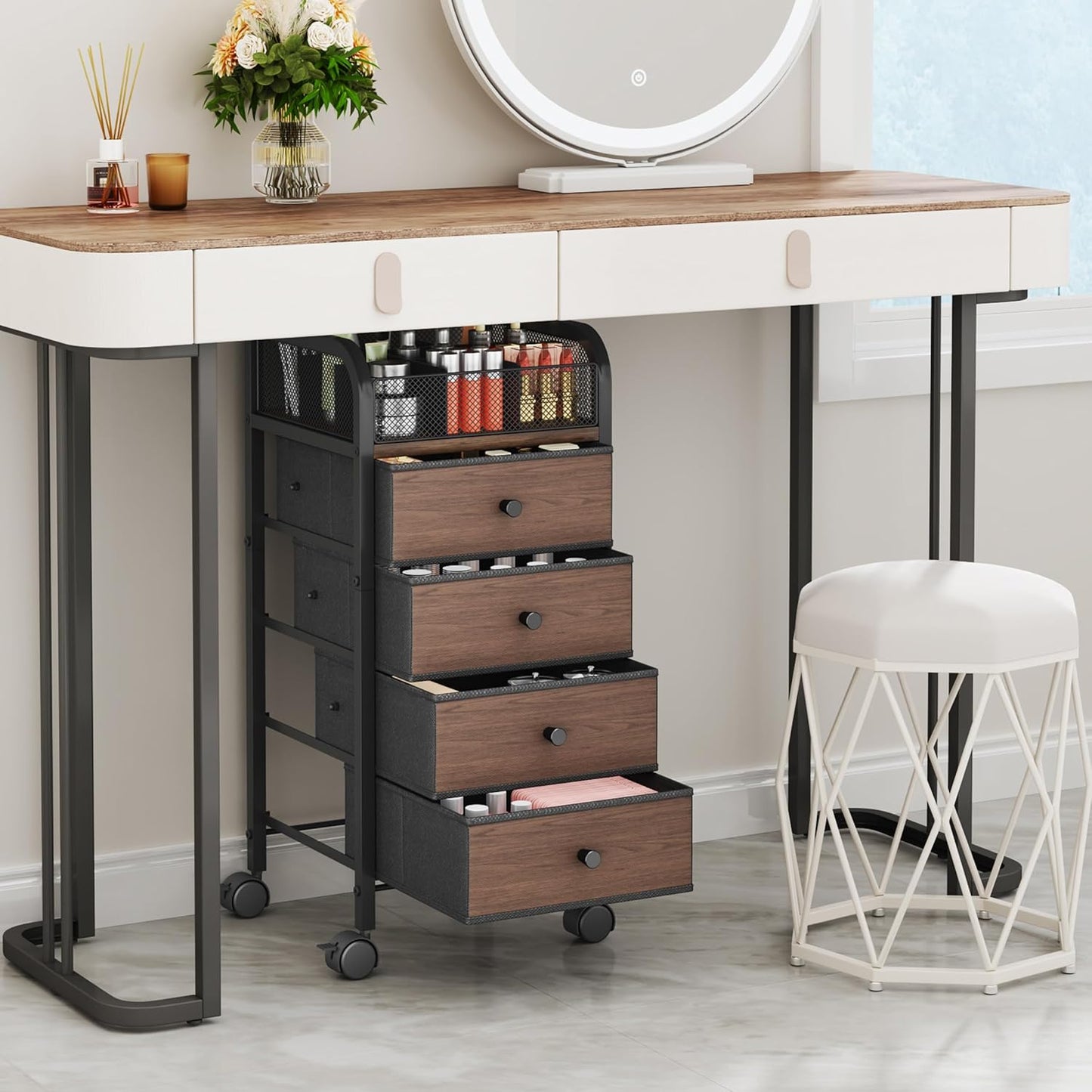 SWTYMIKI Rolling Makeup Organizer Cart - Under Desk Vanity Makeup Storage with 3 Non-woven Drawers, Nail Cart Organizer Cosmetic Display Cases Cabinet for Skin Care Perfume Nail Polish Brush Hair Tool