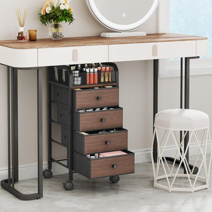 SWTYMIKI Rolling Makeup Organizer Cart - Under Desk Vanity Makeup Storage with 3 Non-woven Drawers, Nail Cart Organizer Cosmetic Display Cases Cabinet for Skin Care Perfume Nail Polish Brush Hair Tool