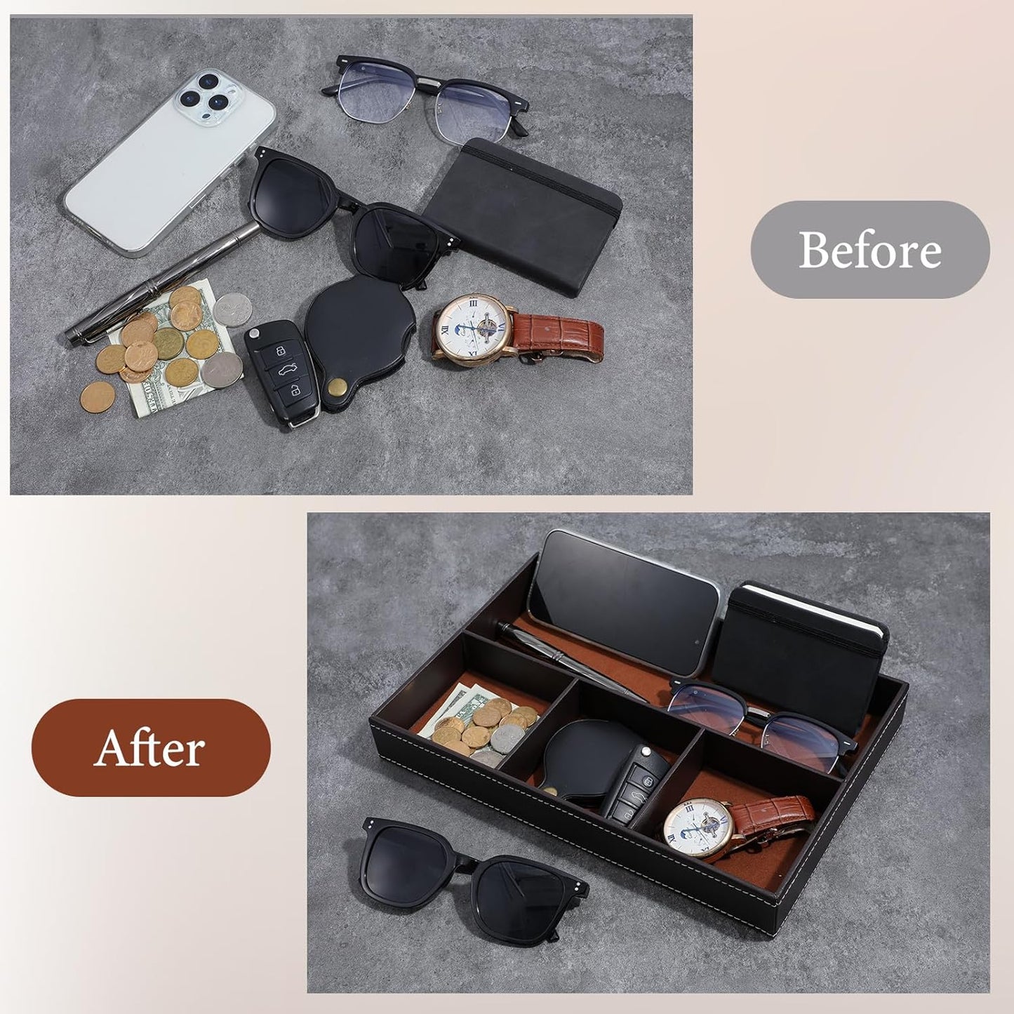 2 Pieces Faux Leather Valet Tray for Men, Stackable Jewelry Trays for Drawers, Mens Dresser Top Organizer for Key, Wallet, Sunglass, Watch, Coin, Phone, Nightstand Bedside Tray Brown