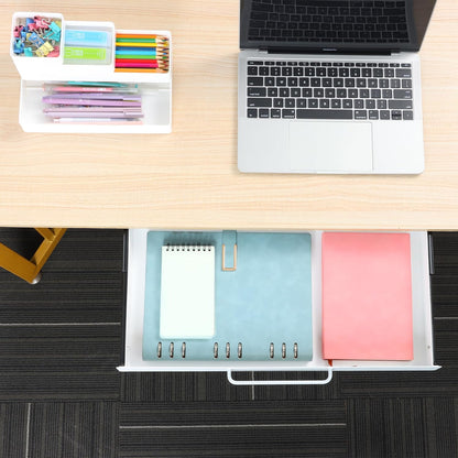 Under Desk Drawer Organizer 21" White Upgrade with Adjustable Brackets, Sliding Pull-Out Under Table Pencil Drawer, Office Standing Desk Attachment for Workbench